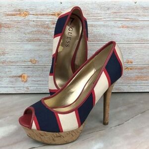 Guess Tempest Open Toe Platform Cork Heels Striped Red/Blue/Ivory